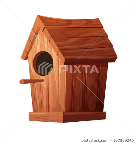Wooden bird house, place for nest, empty decoration in cartoon style textured wood object isolated on white background. Springtime decoration, hanging home. 107839240