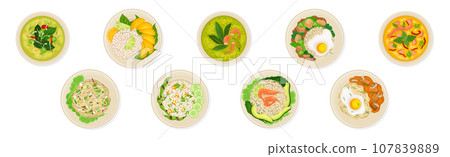 Thai Dish and Main Course with Rice and Shrimp Served on Plate Above View Vector Set Thai Dish and Main Course with Rice and Shrimp Served on Plate Above View Vector Set 107839889