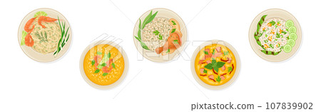 Thai Dish and Main Course with Rice and Shrimp Served on Plate Above View Vector Set Thai Dish and Main Course with Rice and Shrimp Served on Plate Above View Vector Set 107839902