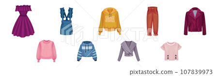 Woman Fashion Garment and Different Apparel Vector Set 107839973
