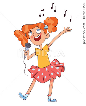 Girl singing karaoke. Colorful cartoon characters Girl singing karaoke. Colorful cartoon characters 107840458