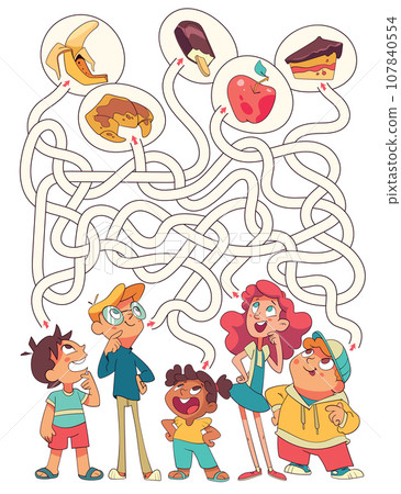 Maze for children. Kids choose their favorite food. Choose right path 107840554