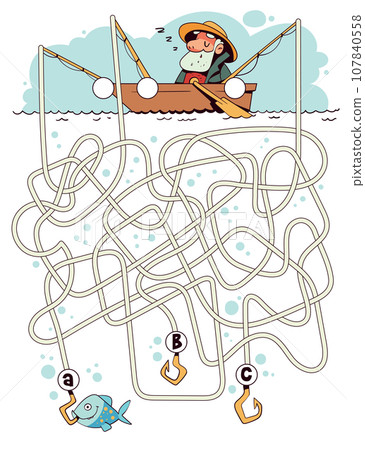 Children logic game to pass the maze. Elderly man fishing. Educational game for kids 107840558