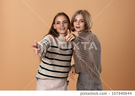 Two cheerful attractive women friends talking together 107840644