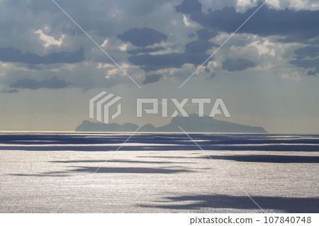 Fantastic sunny landscape of Gulf of Naples with ships in water of Mediterranean Sea 107840748