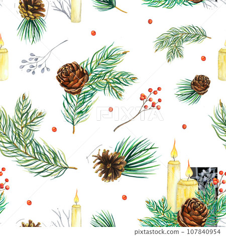 Watercolour seamless pattern with white candles with fire, pine cone, fir branches, red berries. Hand drawn illustration, cozy decorations for Christmas and New Year Watercolour seamless pattern with white candles with fire, pine cone, fir branches, red berries. Hand drawn illustration, cozy decorations for Christmas and New Year 107840954