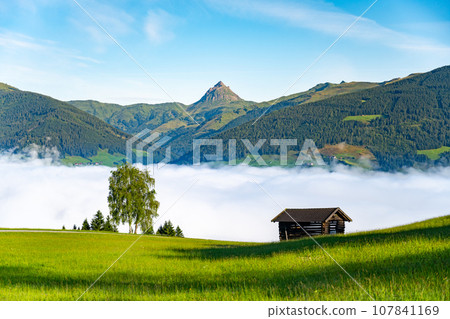 Alpine mountain landscape with green meadows, rural hayloft and Grosser Rettenstein Mountain on background. Sunny morning with weather inversion in the valley. Kitzbueheler Alps, Austria 107841169