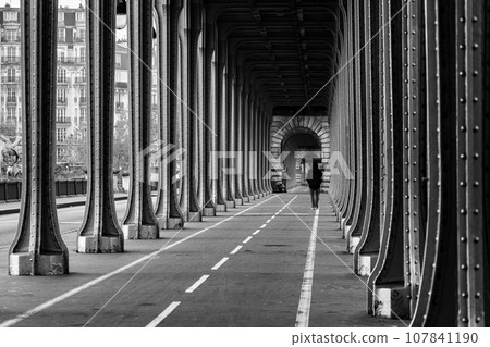 Long row of metal columns of elevated subway. Bir Hakeim Bridge in Paris, France. Black and white image. 107841190