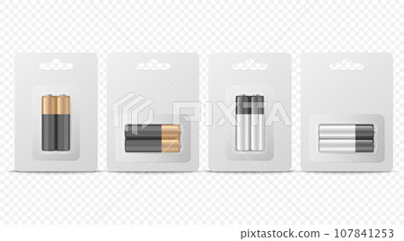 Vector 3d Realistic Two Alkaline Battery in Paper Blister Icon Set Closeup Isolated. AA Size, Horizontal and Vertical Position. Design Template for Branding, Mockup 107841253