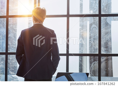 Rear view portrait of a businessman standing in the office 107841262