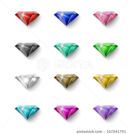 Vector 3d Realistic Colorful Gemstone Icons Set. Multicolored Diamond, Crystal, Rhinestones Closeup Isolated. Jewerly Concept. Design Template of Gemstones, Gem Clipart. Top View 107841791