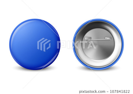 Vector 3d Realistic Blank Blue Round Button Badge Set Closeup Isolated on a White Background. Button Badge, Plastic or Metal ID Badge Design Template, Mockup. Front View 107841822