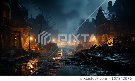 Destroyed scene of town in wars, Generative AI. 107842076