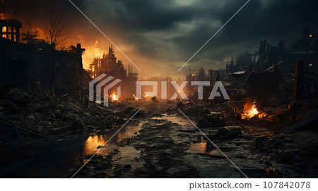 Destroyed scene of town in wars, Generative AI. 107842078