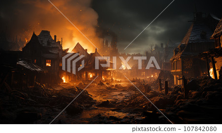 Destroyed scene of town in wars, Generative AI. 107842080