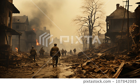 Destroyed scene of town in wars, Generative AI. 107842085