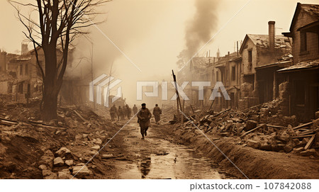 Destroyed scene of town in wars, Generative AI. 107842088
