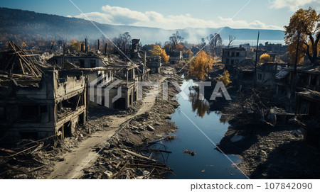 Destroyed scene of town in wars, Generative AI. 107842090