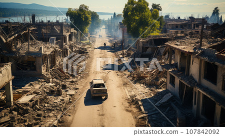 Destroyed scene of town in wars, Generative AI. 107842092
