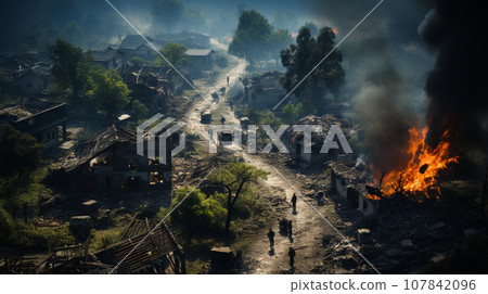 Destroyed scene of town in wars, Generative AI. 107842096