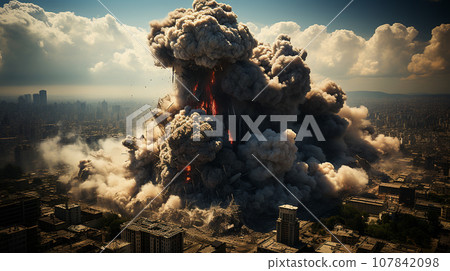 Destroyed scene of town in wars, Generative AI. 107842098