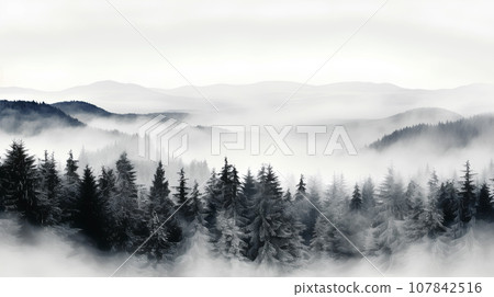 Pine trees in the fog - dark forest with dramatic light - generative AI 107842516