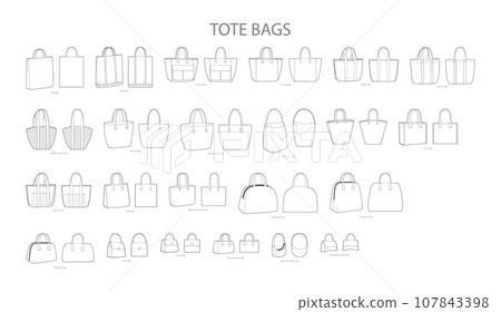 Set of Tote Bags. Fashion accessory technical illustration. Vector satchel front 3-4 view for Men, women, unisex style 107843398