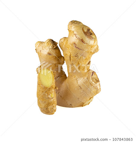 Fresh ginger rhizome with sliced isolated on white background.  107843863