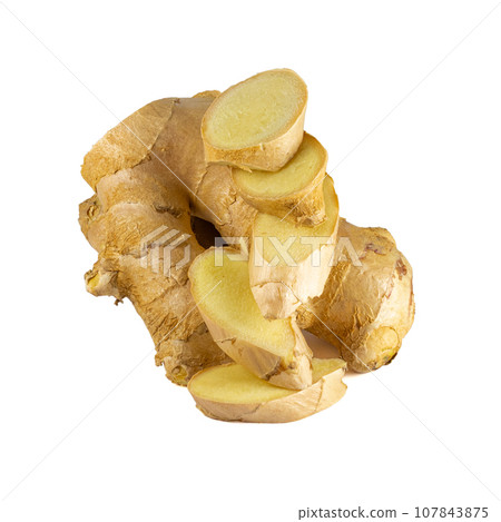 Fresh ginger rhizome with sliced isolated on white background.  107843875