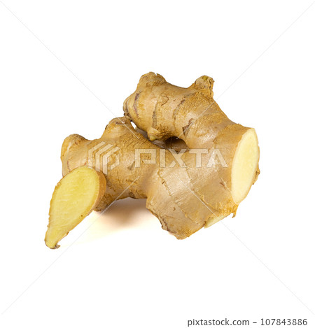 Fresh ginger rhizome with sliced isolated on white background. Fresh ginger rhizome with sliced isolated on white background. 107843886