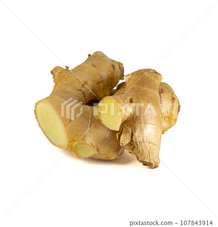 Fresh ginger rhizome with sliced isolated on white background. Fresh ginger rhizome with sliced isolated on white background. 107843914
