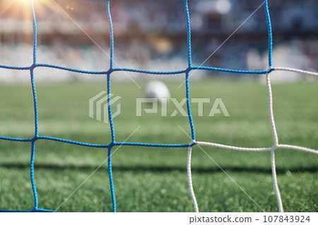 Football goal post with net, back view. 107843924