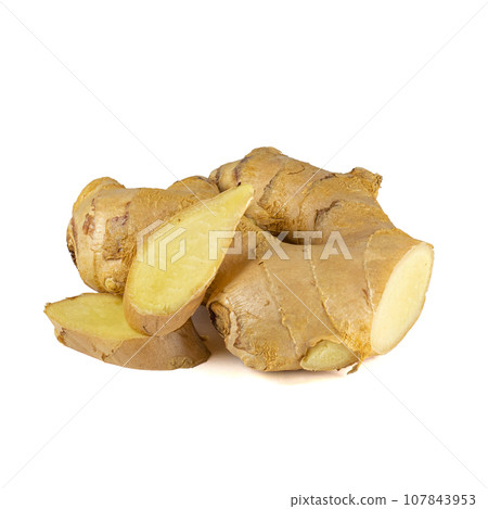 Fresh ginger rhizome with sliced isolated on white background.  107843953