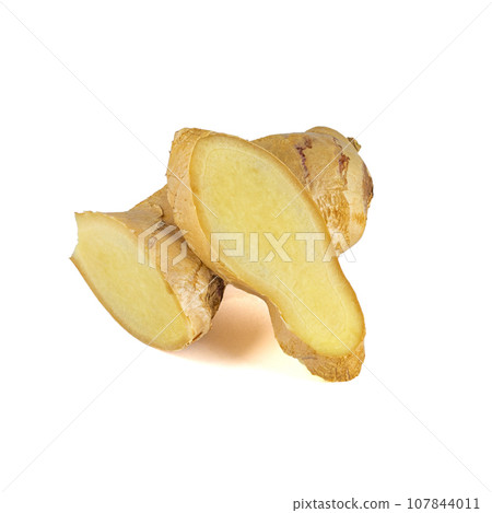Fresh ginger rhizome with sliced isolated on white background. Fresh ginger rhizome with sliced isolated on white background. 107844011