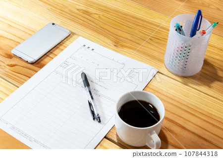 Blank resume, stationery, and coffee 107844318