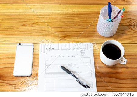 Blank resume, stationery, and coffee Blank resume, stationery, and coffee 107844319