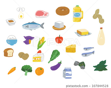 Various foods and nutrients handwritten watercolor style illustration set 107844528