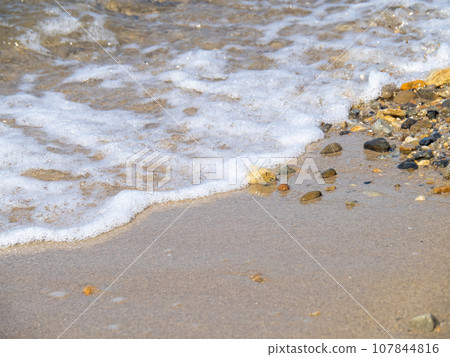 The shore of a sandy beach in a calm and clear sea. 107844816