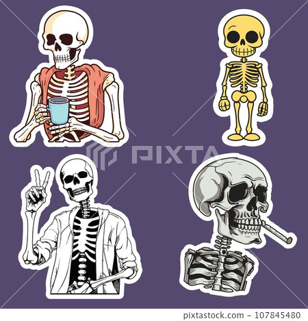Skeleton Sticker Set with Coffee, Peace Sign, and Cigarette Skeleton Sticker Set with Coffee, Peace Sign, and Cigarette 107845480
