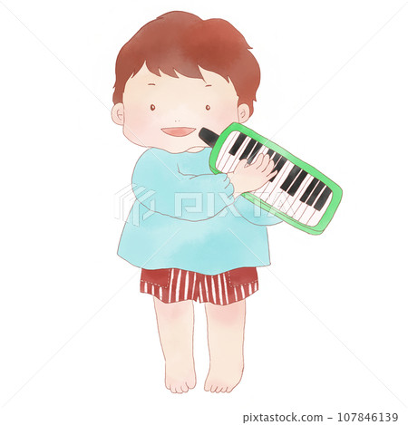 Illustration of a boy playing a keyboard harmonica 107846139