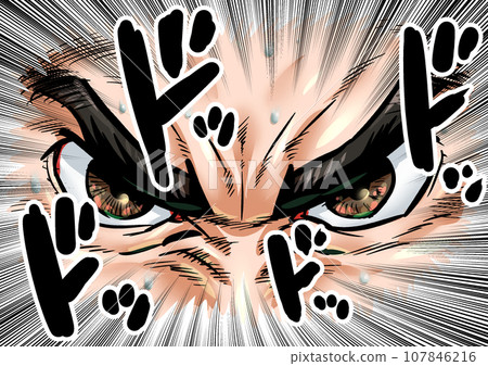 Graphic manga style illustration of eyes filled with hatred 107846216