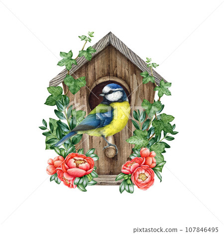 Cute little blue tit bird on the birdhouse with spring flowers decor. Watercolor illustration. Cozy spring decoration. Blue tit nesting in the wooden birdhouse, blooming spring flowers, green leaves 107846495