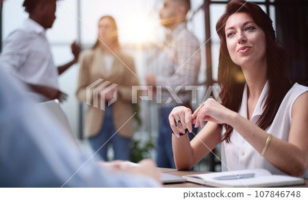 Young speaker interviewing new partners in the office 107846748