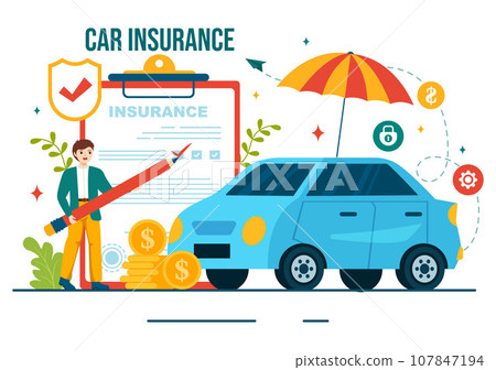 Car Insurance Vector Illustration for Protection For Vehicle Damage And Emergency Risks with Form Document and Cars in Flat Cartoon Background 107847194