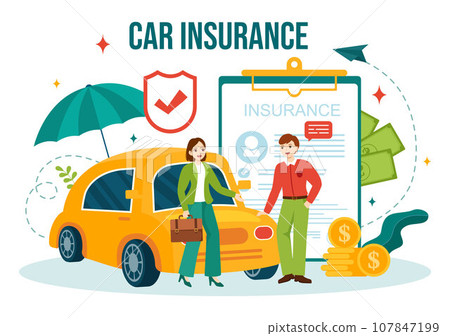Car Insurance Vector Illustration for Protection For Vehicle Damage And Emergency Risks with Form Document and Cars in Flat Cartoon Background 107847199