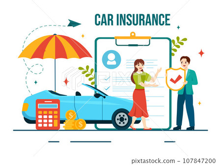 Car Insurance Vector Illustration for Protection For Vehicle Damage And Emergency Risks with Form Document and Cars in Flat Cartoon Background 107847200