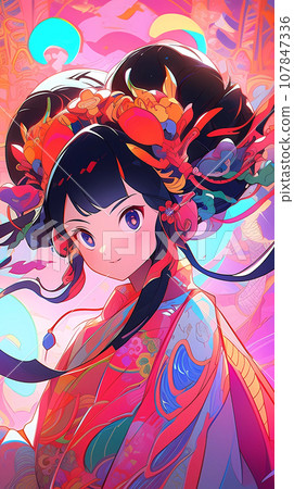 手绘卡通动漫唯美的中国古装女孩插画 107847336