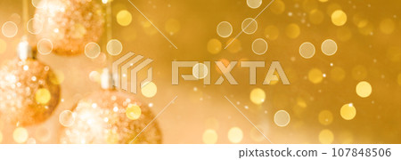 Gold glass balls for Christmas Background. Holiday concept. Gold glass balls for Christmas Background. Holiday concept. 107848506
