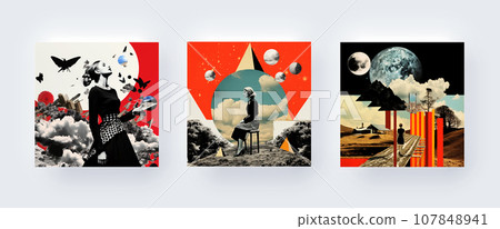 Wall Art Poster, Surrealism Illustration, Undercover Surreal Aesthetic, Retro Woman with Moon, Earth and Pyramid, Modern Designer Collage Wall Art Poster, Surrealism Illustration, Undercover Surreal Aesthetic, Retro Woman with Moon, Earth and Pyramid, Modern Designer Collage 107848941