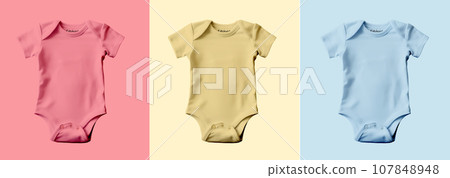 Baby romper mock up, Empty kiddy clothes mockup, Kid jumpsuit vector, Baby sleeve romper mock up, Clothes for newborns, One size clothing template, Infant clothes, Baby bodysuit on colored background Baby romper mock up, Empty kiddy clothes mockup, Kid jumpsuit vector, Baby sleeve romper mock up, Clothes for newborns, One size clothing template, Infant clothes, Baby bodysuit on colored background 107848948